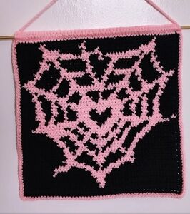 OFFERS PLS! Pink and Black Crochet Web Wall Hanging